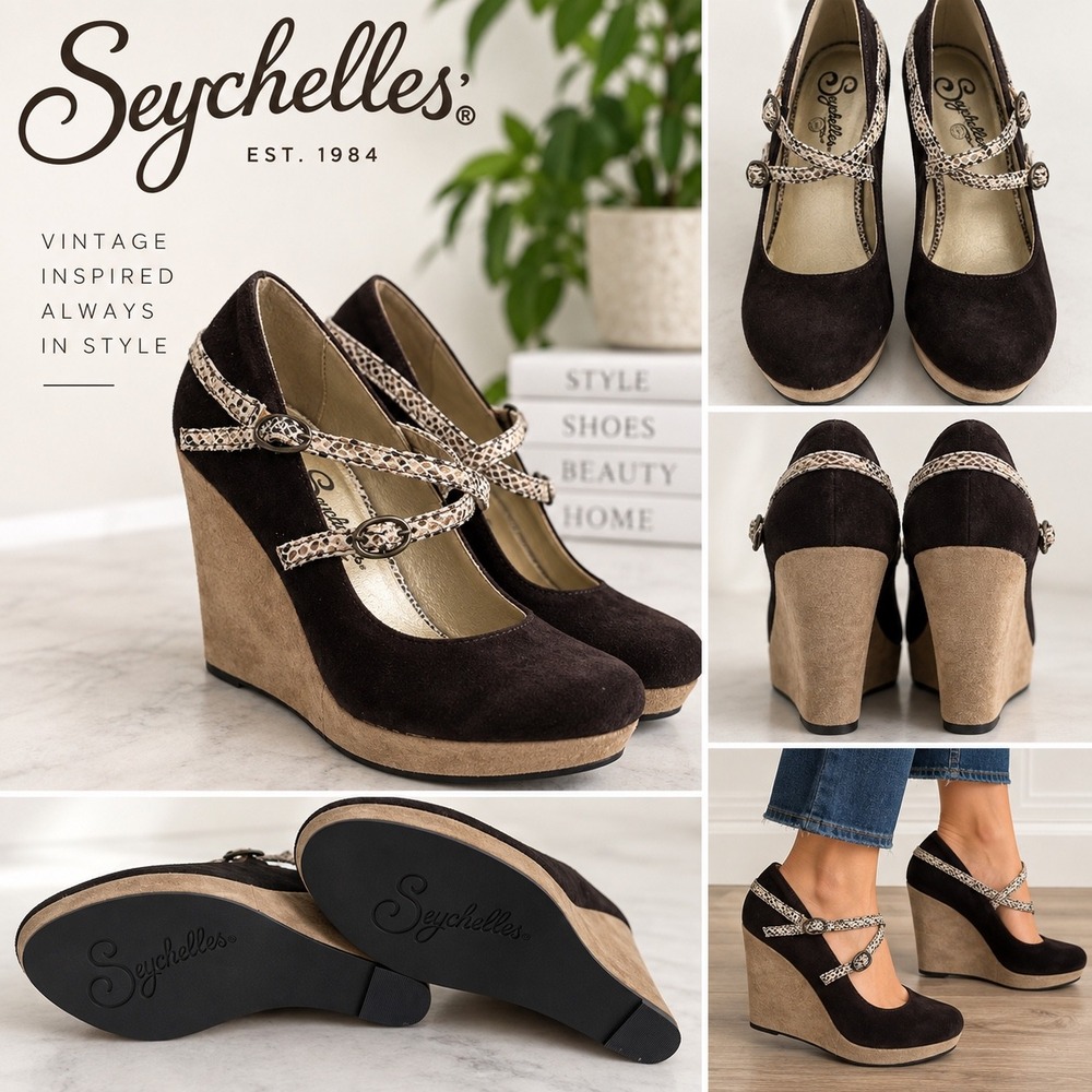 Seychelles Womens Brown Suede Snakeskin Strap Platform Wedge Heels Size 8.5 Y2K